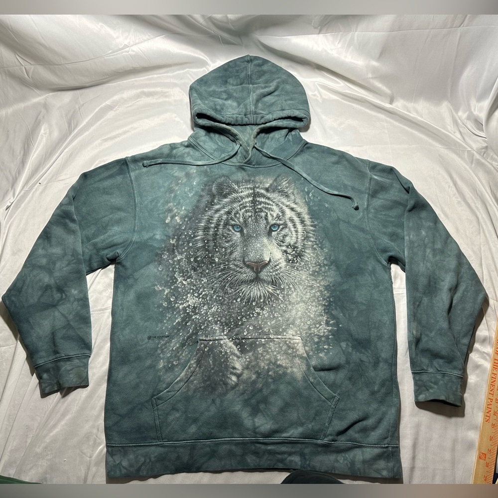The Mountain White Tiger Running Y2K Majestic Tie Dye Hoodie Blueish Gray Large